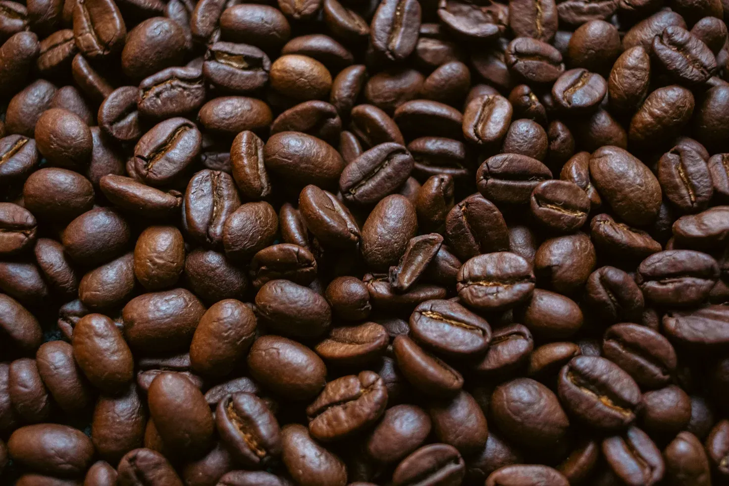 Whole roasted coffee beans.